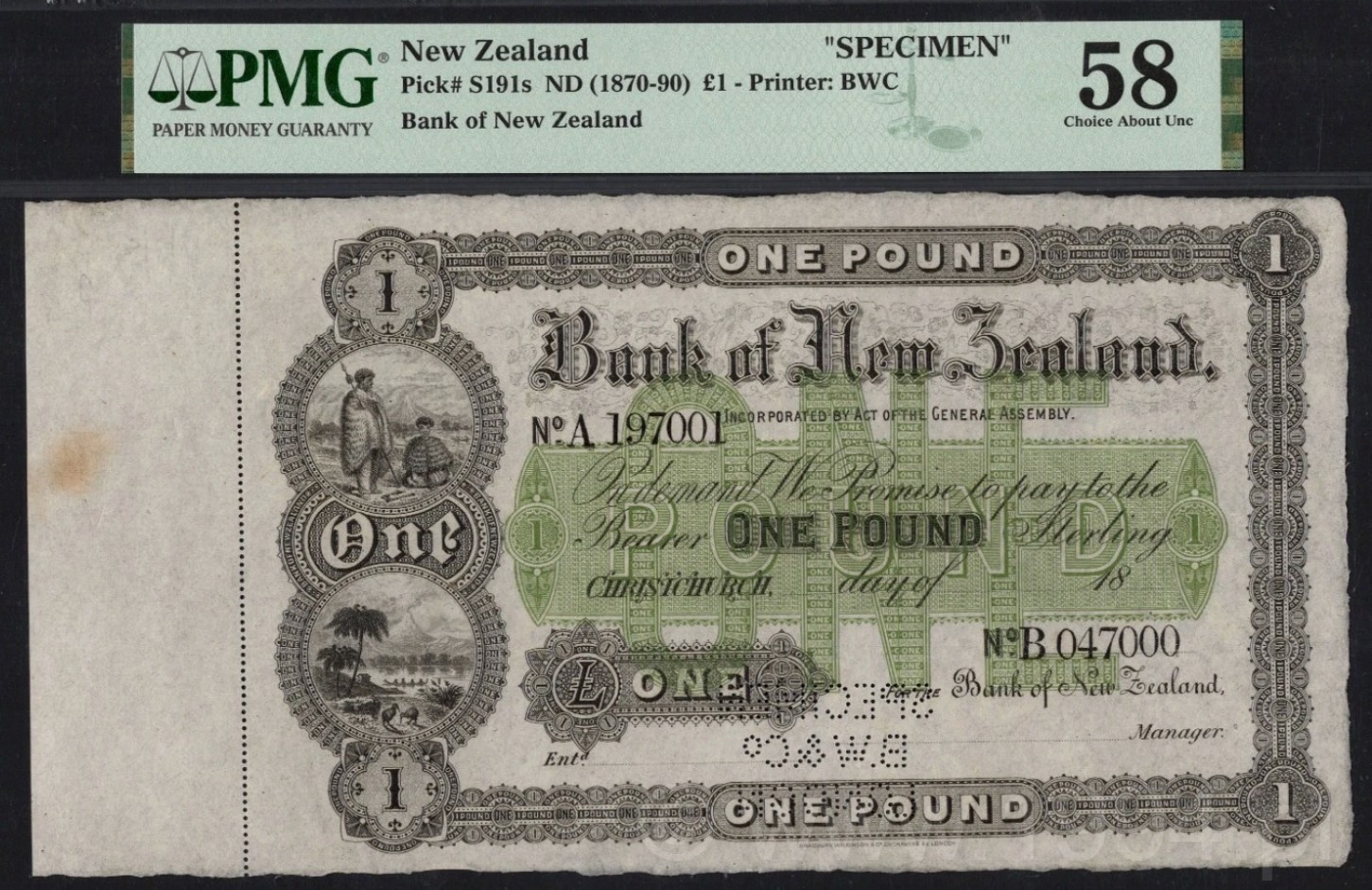 New Zealand 1870–1890 Bank of New Zealand £1 Green Specimen Pick S191s by Bradbury Wilkinson & Co., PMG 58 Choice AU