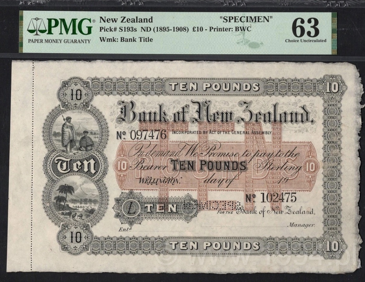 New Zealand 1895–1908 Bank of New Zealand £10 Brown Specimen with serial number prefixes No. 097476 and No. 102475, Pick S193bs, PMG 63 Choice Uncirculated