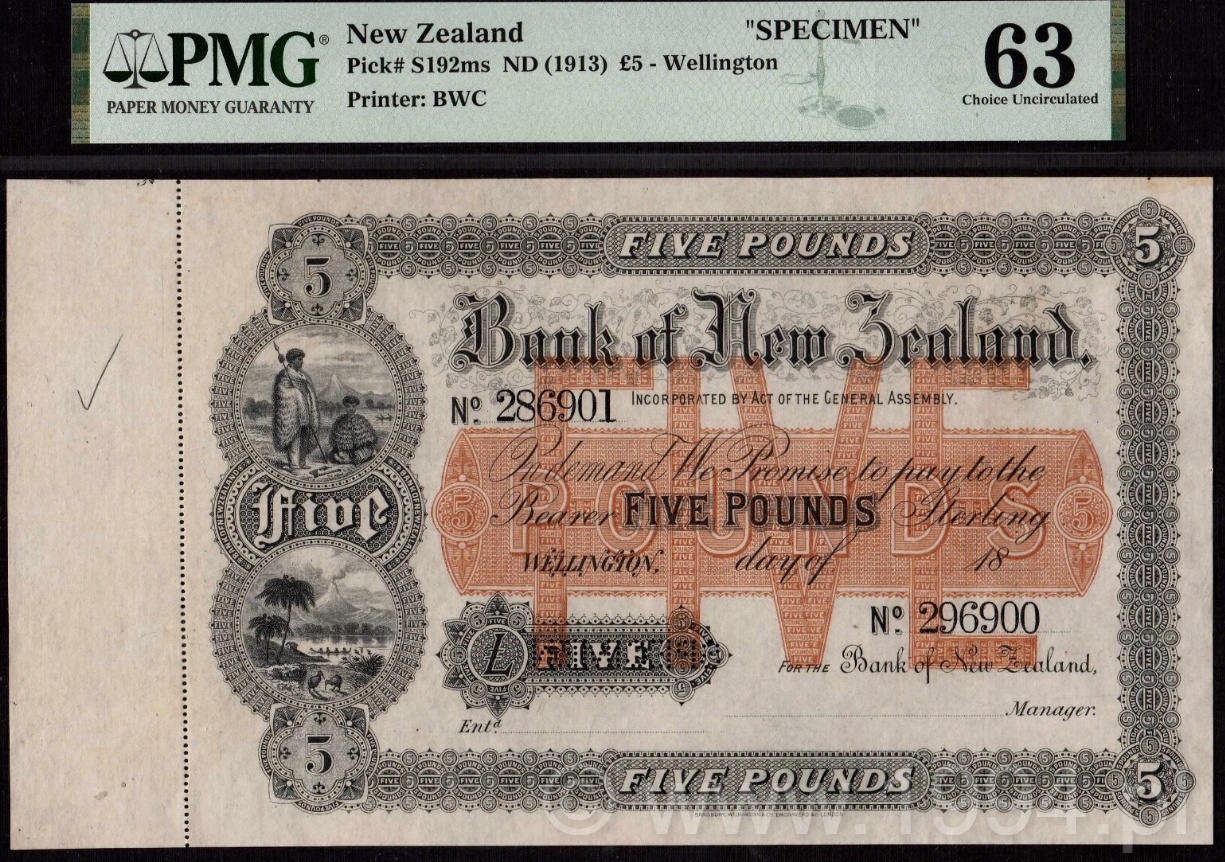 New Zealand 1913 Bank of New Zealand £5 Orange Multi-Serial Specimen Pick S192ms with serials 286901 and 296900, Bradbury Wilkinson & Co., PMG 63 Choice Uncirculated