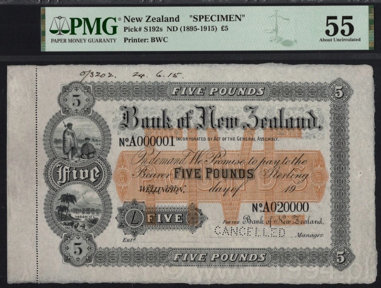 New Zealand 1895–1915 Bank of New Zealand £5 Orange Specimen Pick S192s by Bradbury Wilkinson & Co., PMG 55 AU