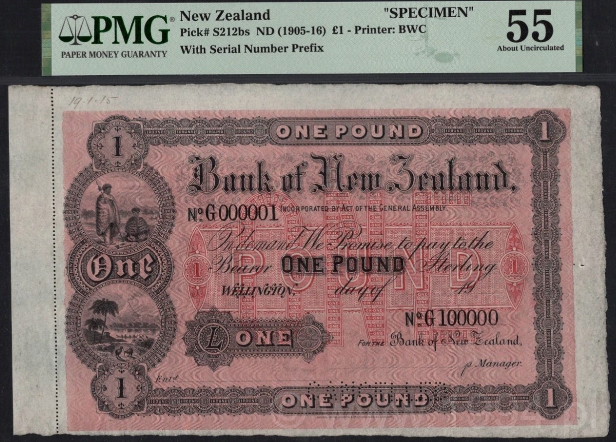 New Zealand 1905–1916 Bank of New Zealand £1 Red Pick S212bs, serial prefix G000001–G100000, perforated CANCELLED, pencilled 19 January 1915, Bradbury Wilkinson & Co., PMG 55 AU