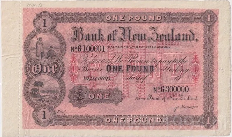 New Zealand 1905–1916 Bank of New Zealand £1 Red Pick S212bs, serial prefix G100001–G300000, perforated CANCELLED, Bradbury Wilkinson & Co.