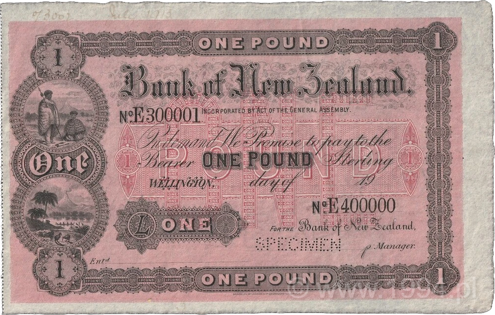 New Zealand 1905–1916 — Bank of New Zealand £1 (Pick S212bs, Bradbury Wilkinson, Specimen)