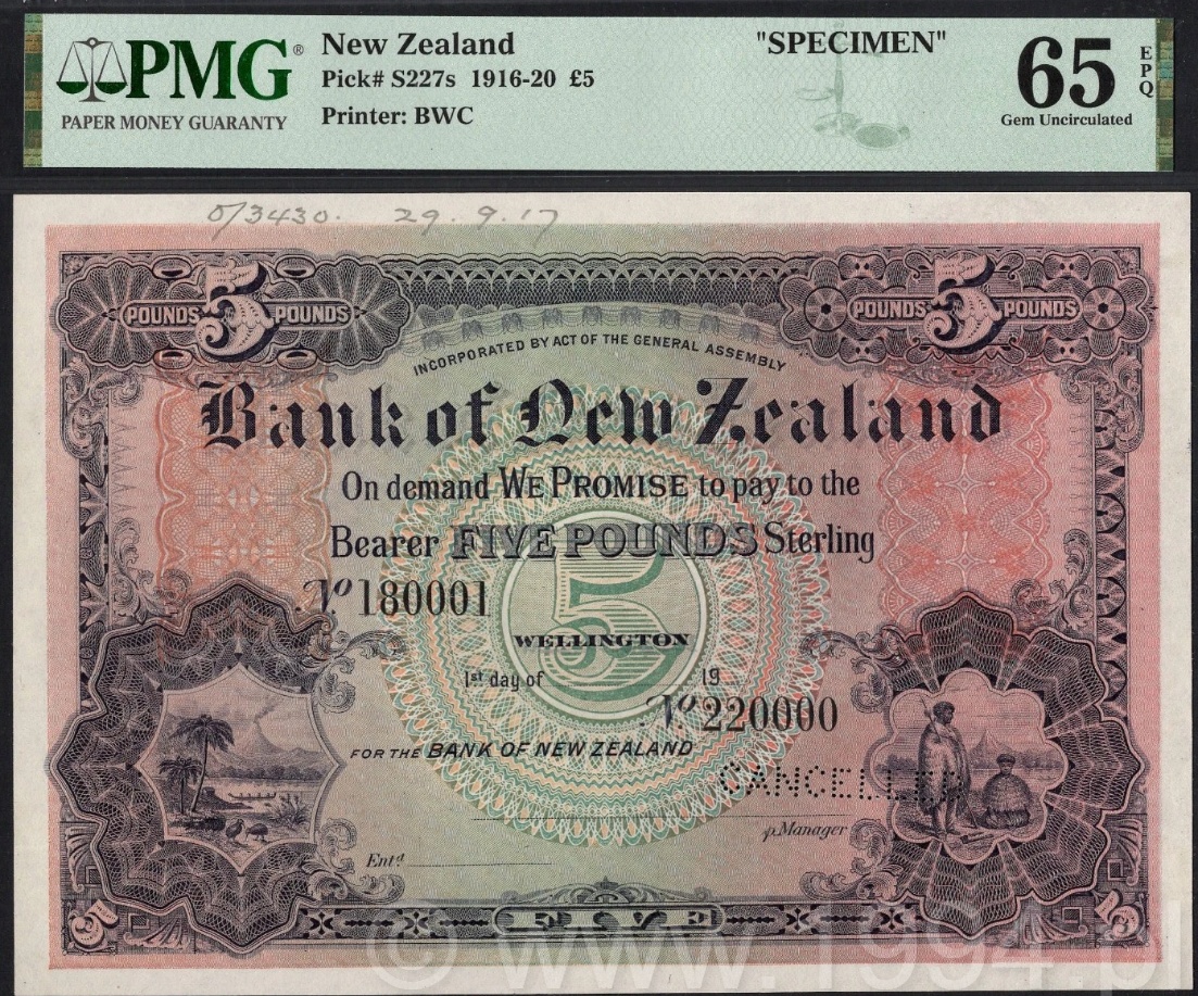 New Zealand 1916–1920 Bank of New Zealand £5 Specimen with serial number prefix 7/180001–7/220000, perforated CANCELLED, Bradbury Wilkinson & Co., PMG 65 EPQ Gem Uncirculated Top Pop