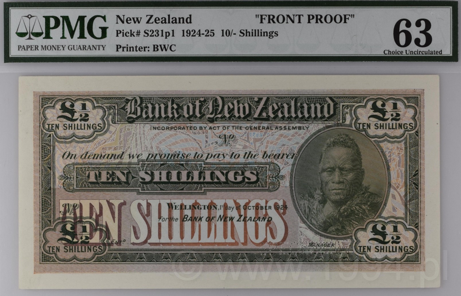 New Zealand 1924–1925 Bank of New Zealand 10 Shillings Front Proof Pick S231p1 with SPECIMEN perforation, Bradbury Wilkinson & Co.