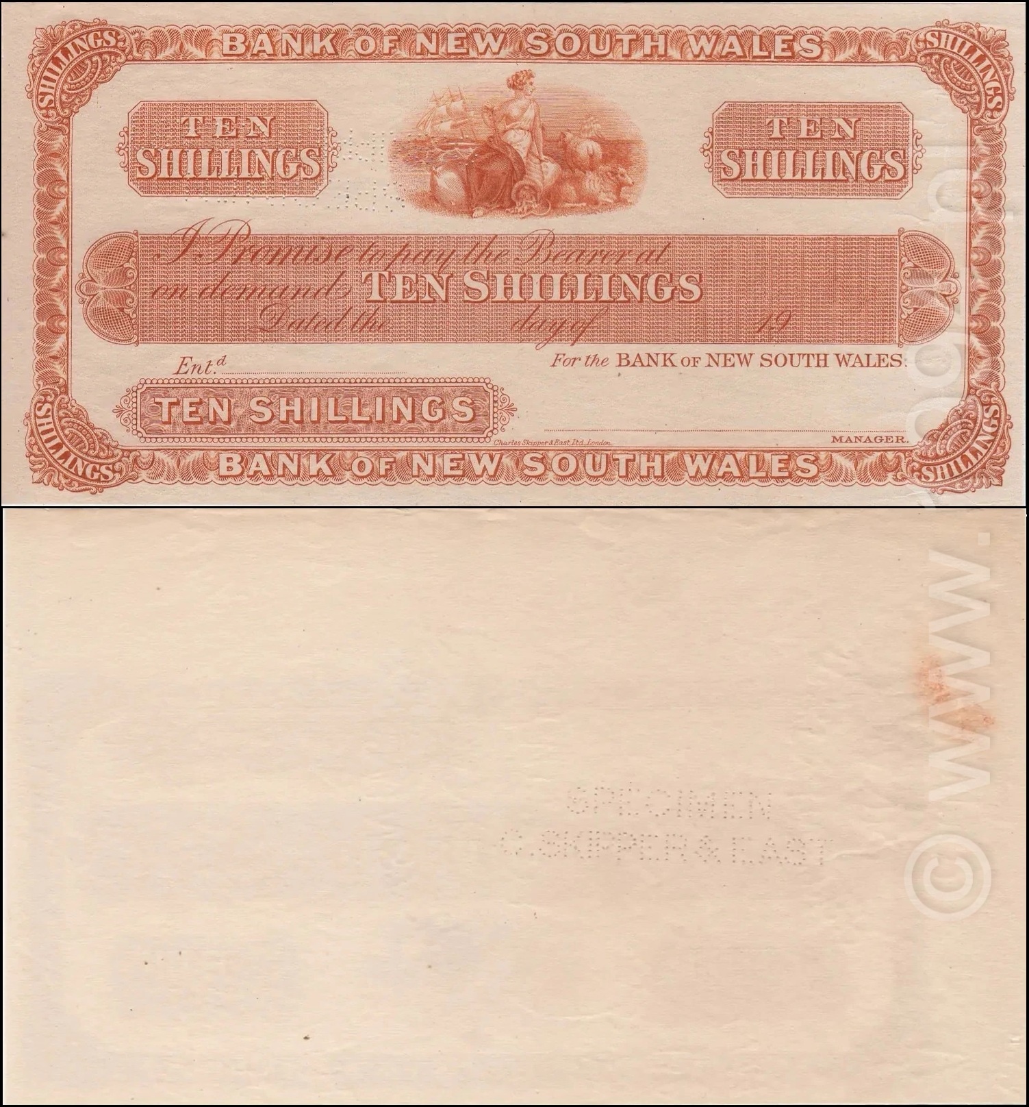 New Zealand ND 1924-1933 Bank of New South Wales ten shillings proof printed by Charles Skipper and East, perforated SPECIMEN control marking, single sided with blank reverse