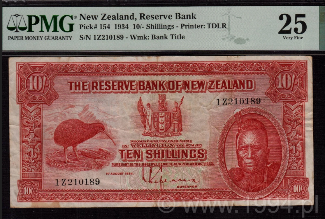 New Zealand 1934 10 Shillings issued note Pick 154 by Thomas De La Rue, Reserve Bank of New Zealand first issue