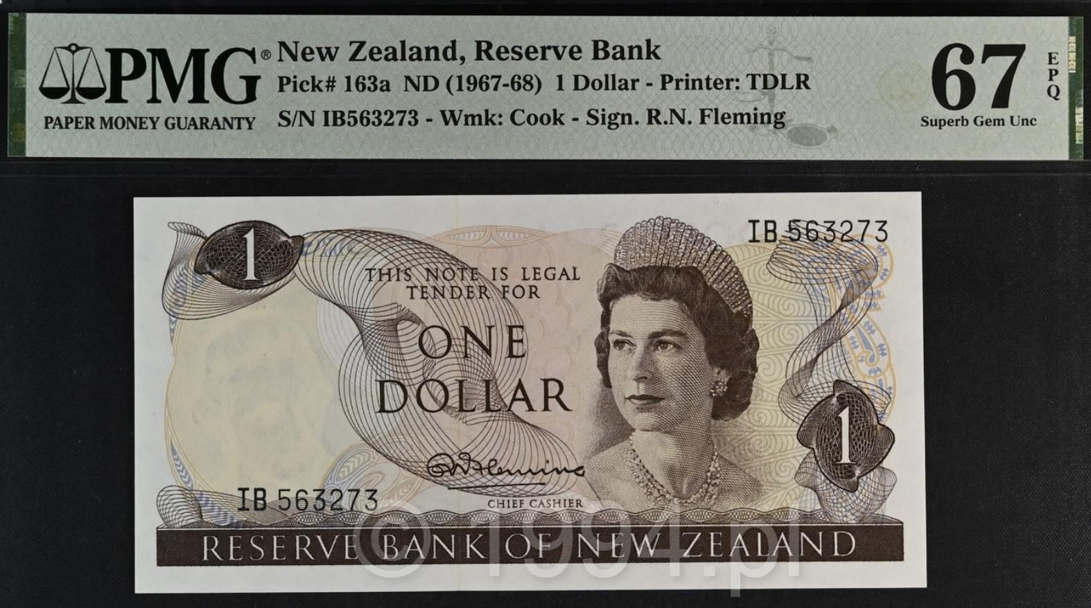New Zealand 1967 1 Dollar issued note with Fleming signature, serial IB563273, Pick 163a, graded PMG 67 EPQ Superb Gem Uncirculated, top population example.
