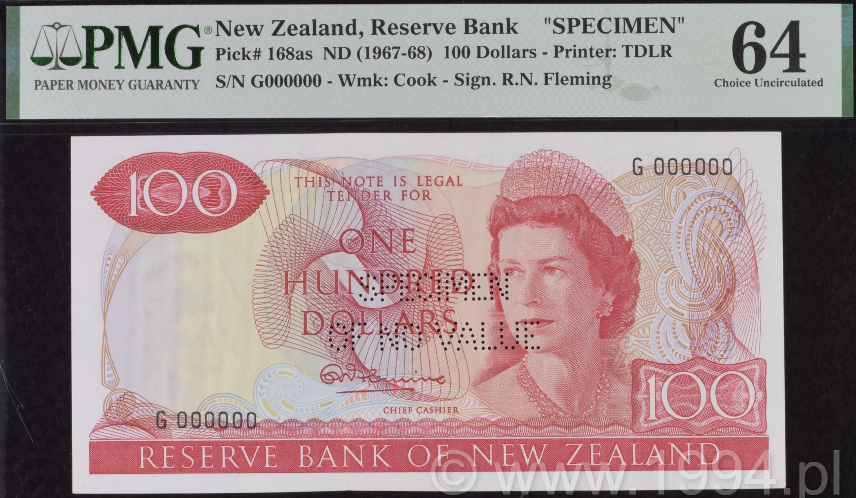 New Zealand 1967 100 Dollars Fleming Signature Perforated SPECIMEN OF NO VALUE Pick 168as PMG 64 Choice Uncirculated