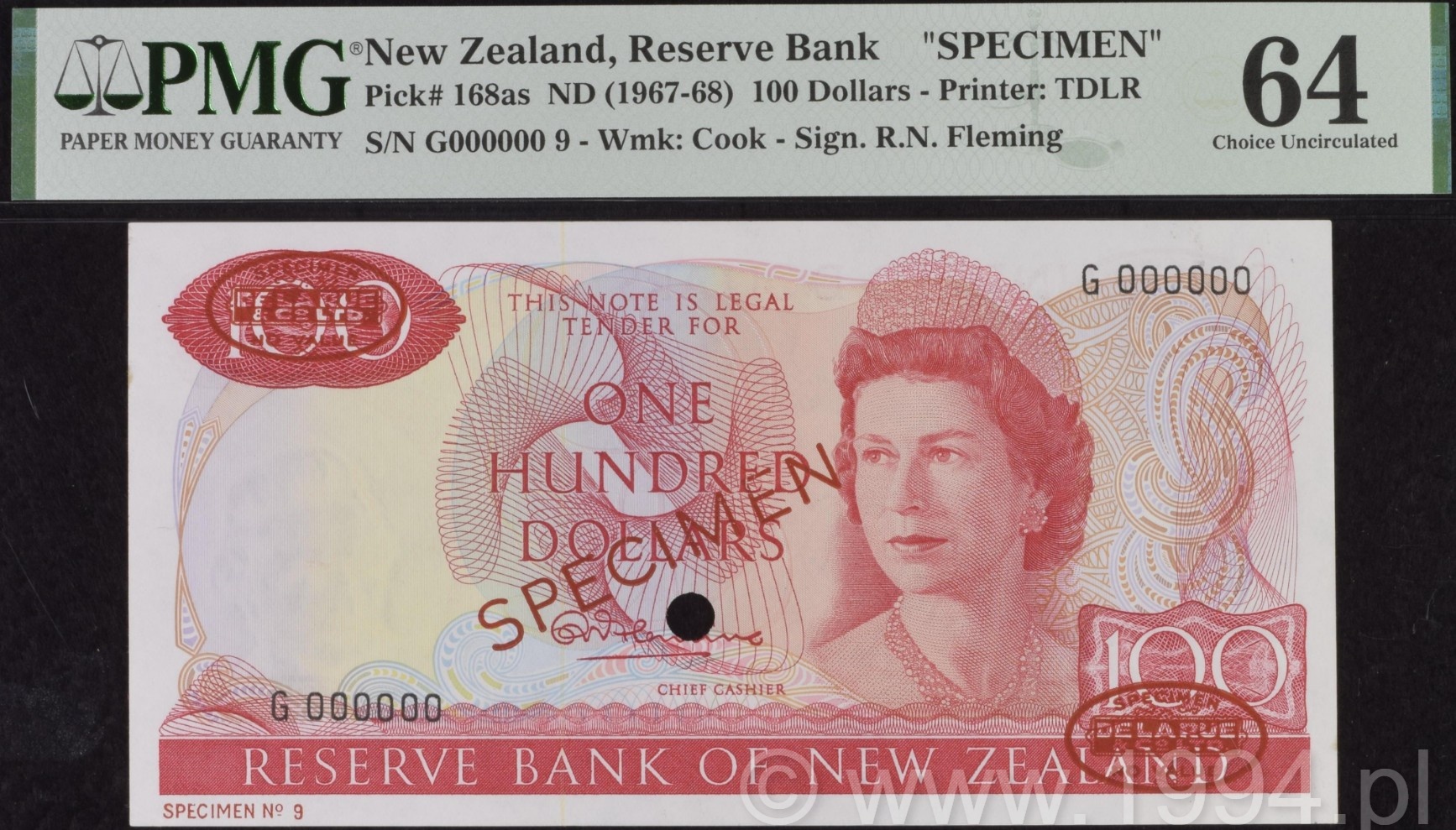 New Zealand 1967 100 Dollars Fleming Signature TDLR Overprint Specimen Pick 168as PMG 64 Choice Uncirculated