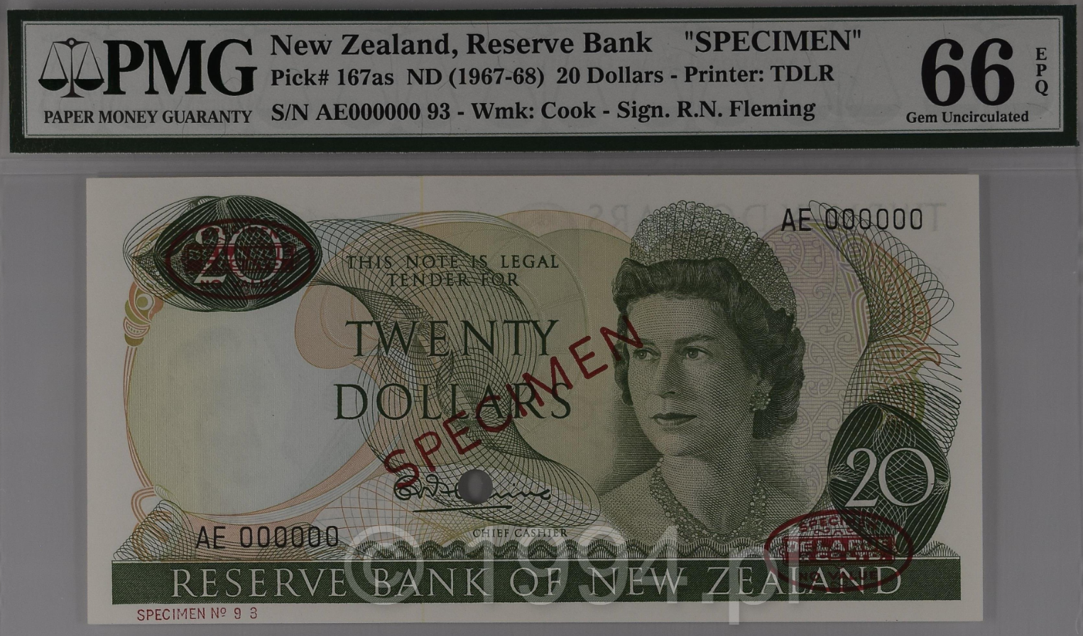 New Zealand 1967 20 Dollars Fleming Signature TDLR Overprint Specimen Serial AE000000 Specimen No. 93 with double De La Rue oval stamps and single punch hole, Pick 167as, PMG 66 EPQ Gem Uncirculated.