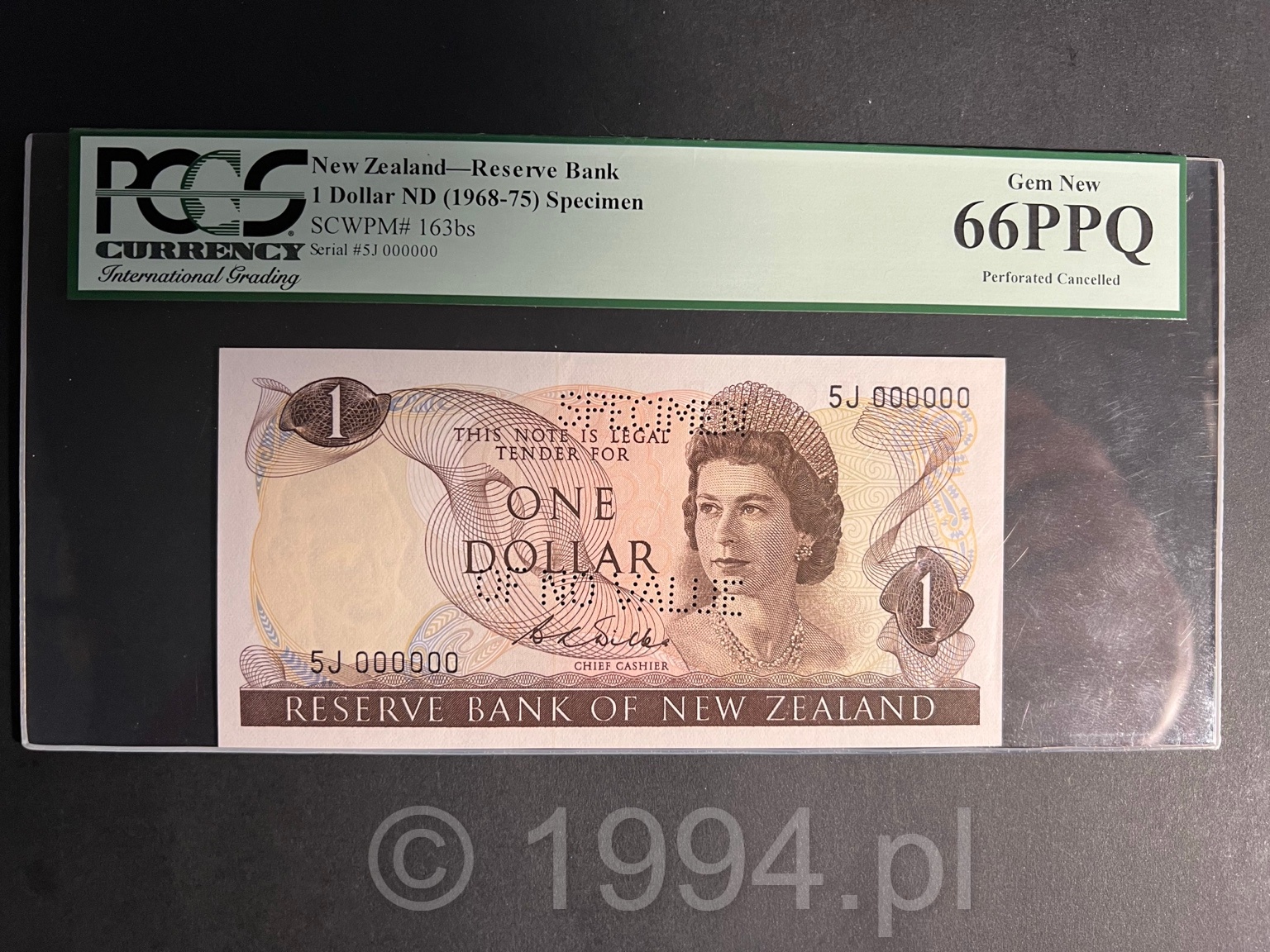 New Zealand 1968 1 Dollar Wilks Signature Perforated SPECIMEN OF NO VALUE Pick 163bs serial 5J000000 PCGS 66 PPQ Gem New