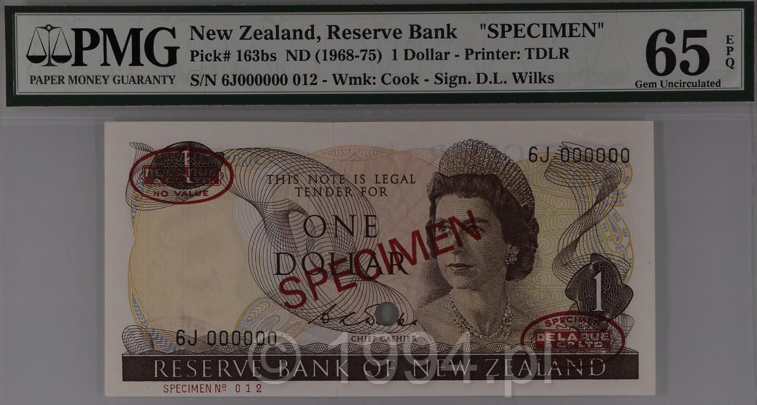 New Zealand 1968 1 Dollar D.L. Wilks Signature TDLR Overprint Specimen Serial 6J000000 Specimen No. 012 with double De La Rue oval stamps and single punch hole, Pick 163bs, PMG 65 EPQ Gem Uncirculated.