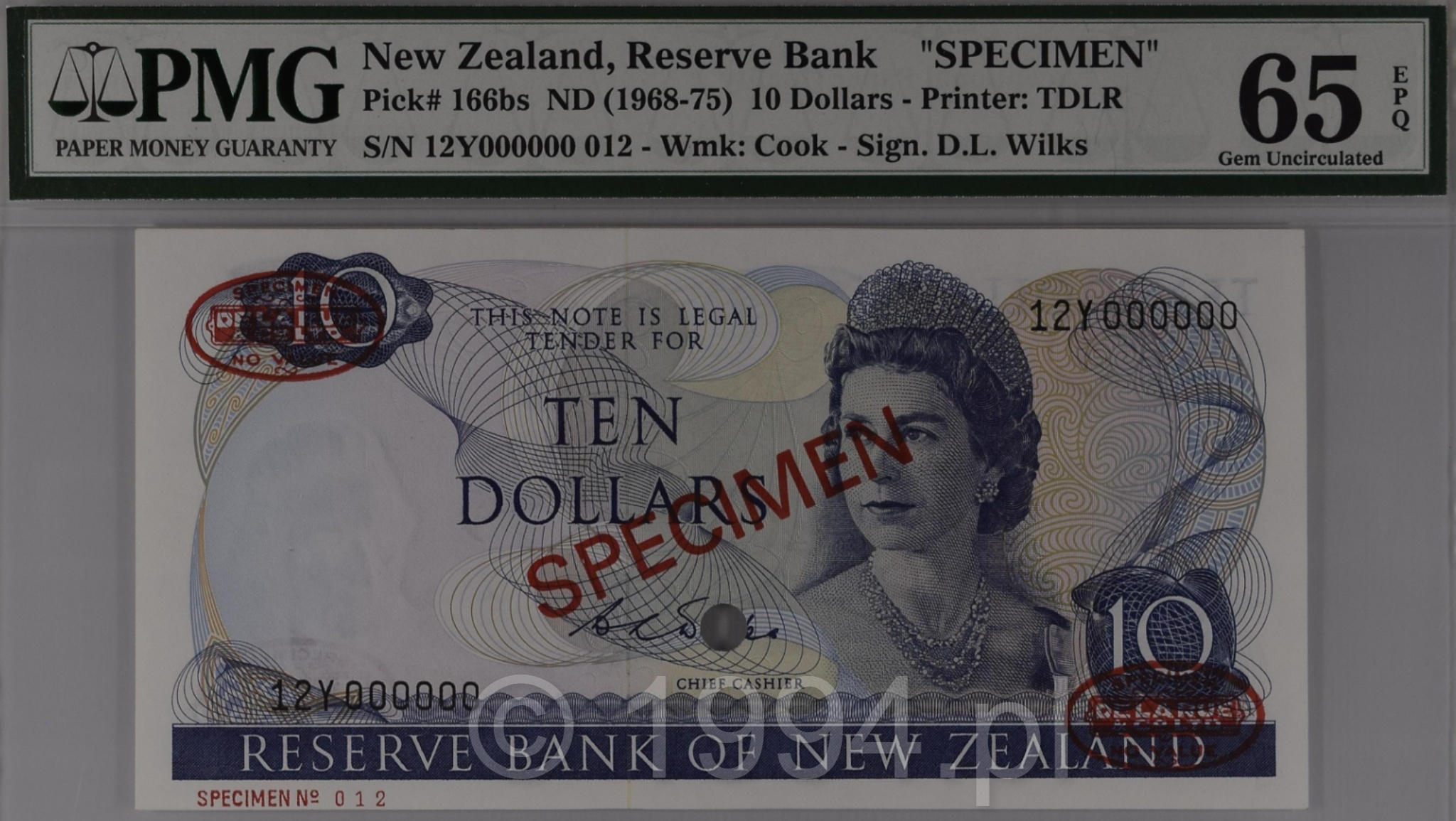 New Zealand 1968 10 Dollars Wilks Signature TDLR Overprint Specimen Pick 166bs serial 12Y000000 Specimen 012 PMG 65 Gem Uncirculated