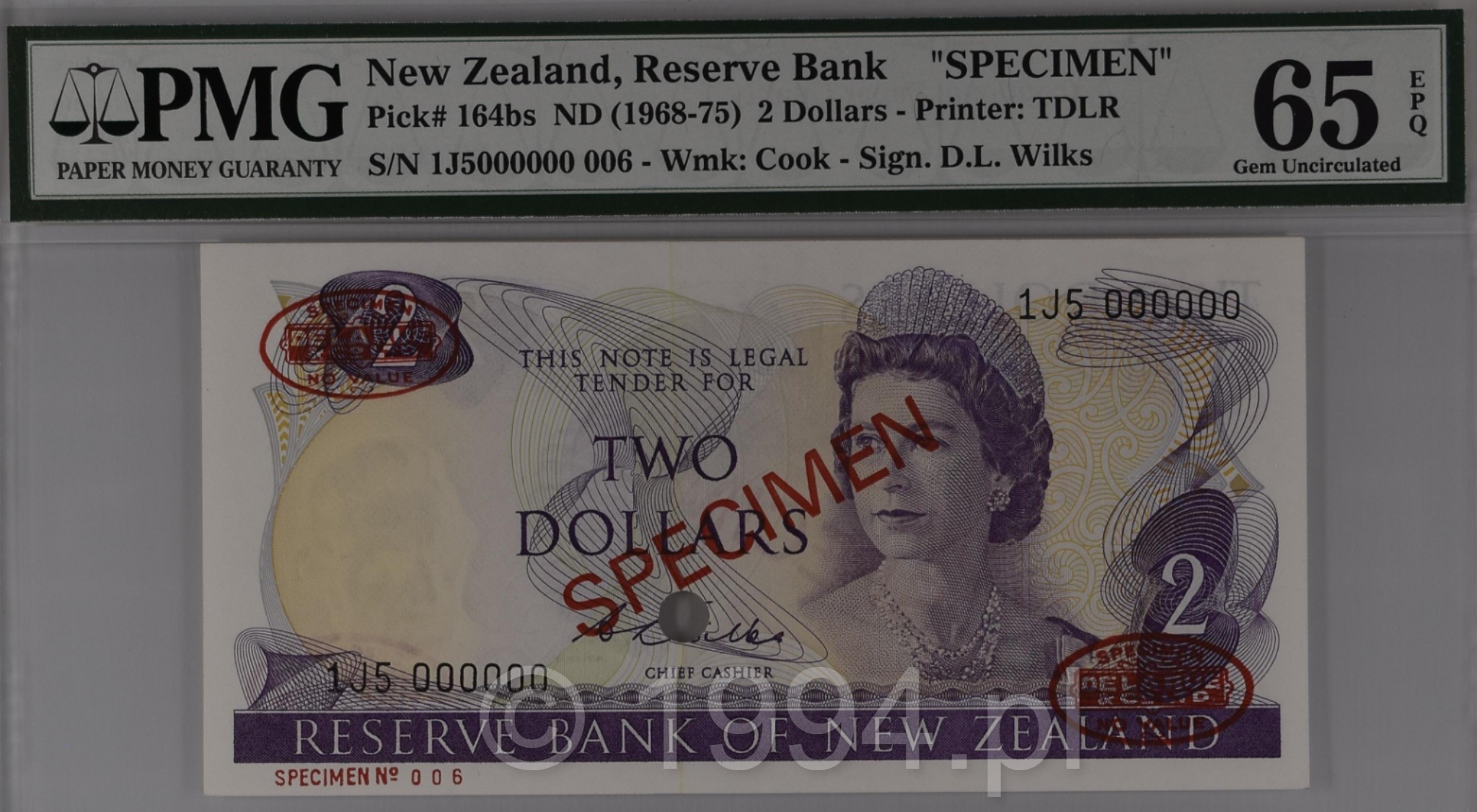 New Zealand 1968 2 Dollars Wilks Signature TDLR Overprint Specimen Pick 164bs serial 1J5000000 Specimen 006 PMG 65 Gem Uncirculated