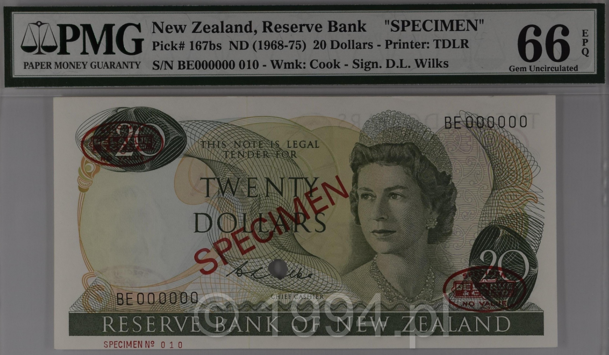 New Zealand 1968 20 Dollars Wilks Signature TDLR Overprint Specimen Pick 167bs serial BE000000 Specimen 010 PMG 66 EPQ Gem Uncirculated