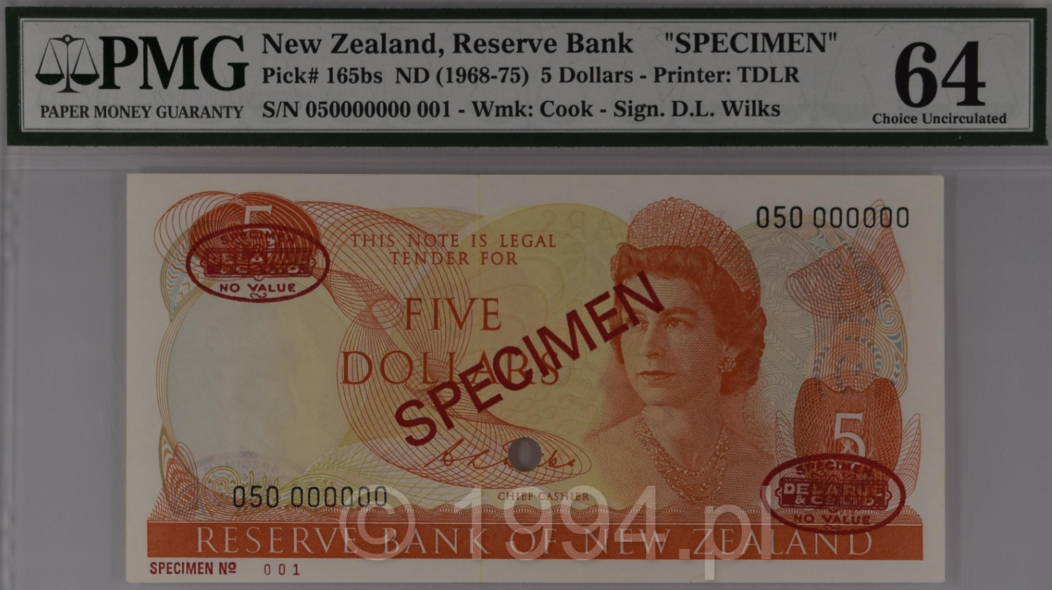 New Zealand 1968 5 Dollars Wilks Signature TDLR Overprint Specimen Pick 165bs serial 050000000 Specimen 001 PMG 64 Choice Uncirculated