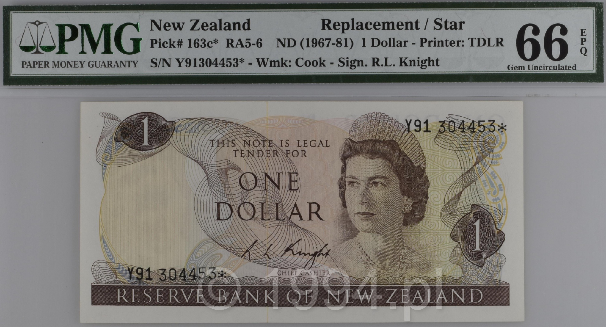 New Zealand 1975 1 Dollar Replacement Star Note with R.L. Knight signature, Pick 163c star, serial Y91304453 star, graded PMG 66 EPQ Gem Uncirculated.