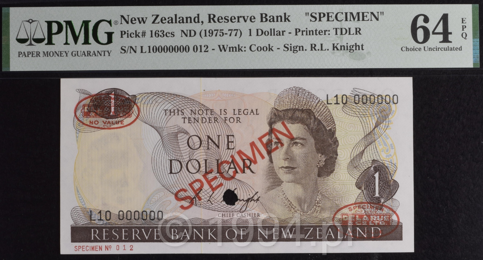 New Zealand 1975 1 Dollar Knight Signature TDLR Overprint Specimen Pick 163cs serial L1000000 Specimen 012 PMG 64 EPQ Choice Uncirculated