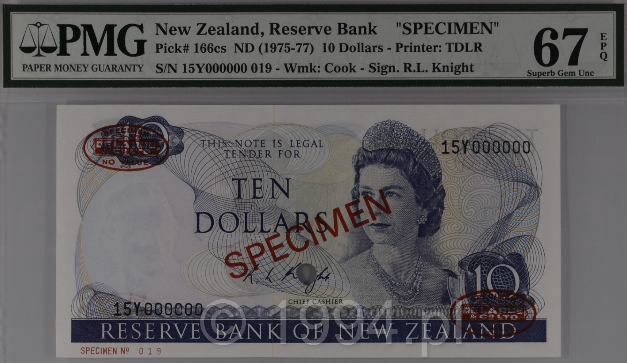 New Zealand 1975 10 Dollars Knight Signature TDLR Overprint Specimen Pick 166cs serial 15Y0000000 Specimen 019 PMG 67 EPQ Superb Gem Uncirculated