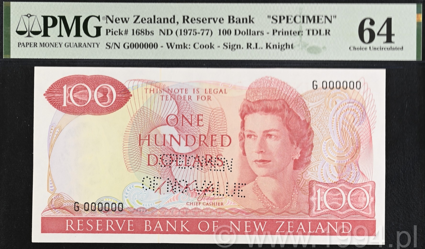 New Zealand 1975 100 Dollars Knight Signature Perforated SPECIMEN OF NO VALUE Pick 168bs PMG 64 Choice Uncirculated