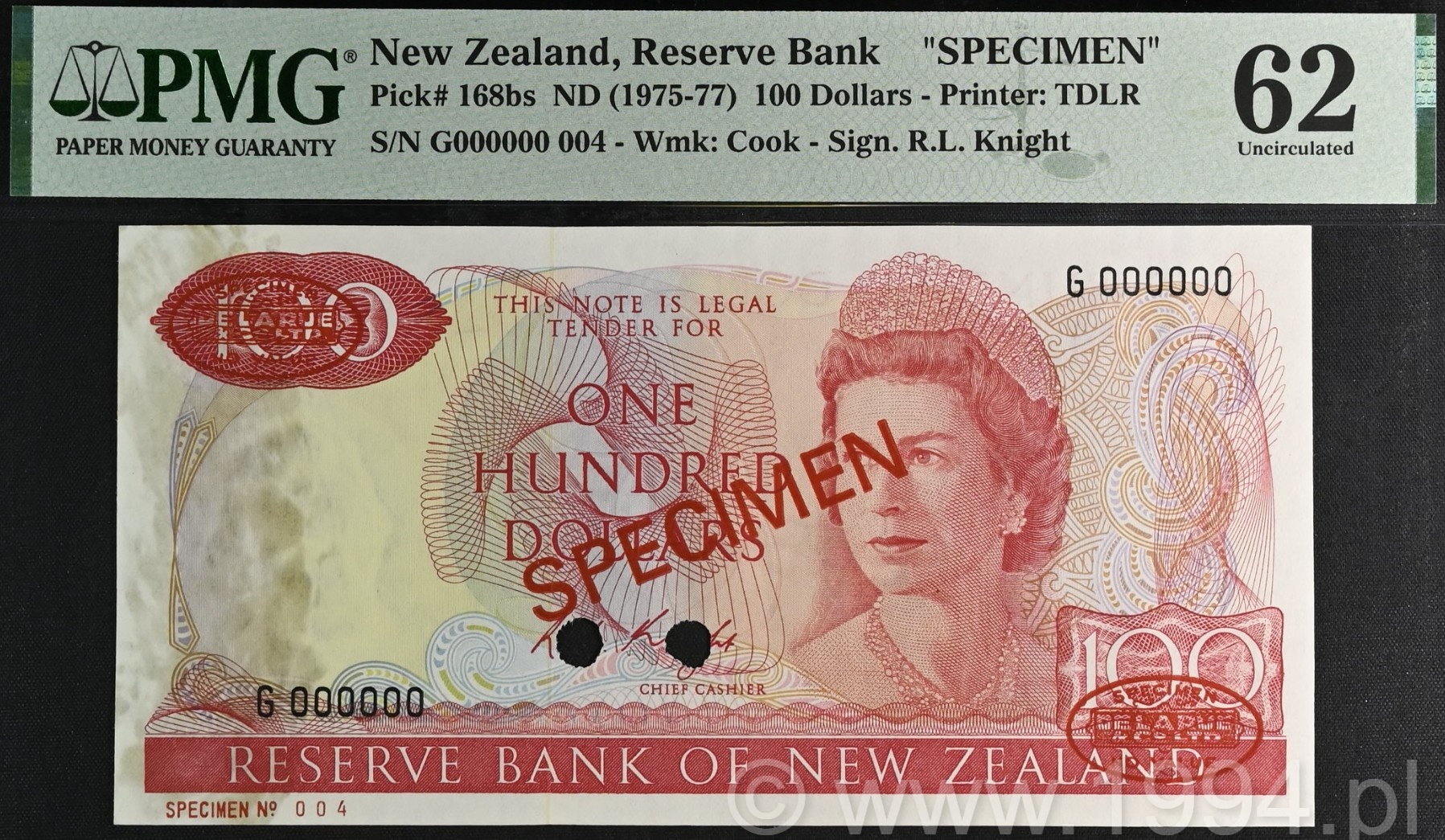 New Zealand 1975 100 Dollars Knight Signature TDLR Overprint Specimen Pick 168bs PMG 62 Uncirculated