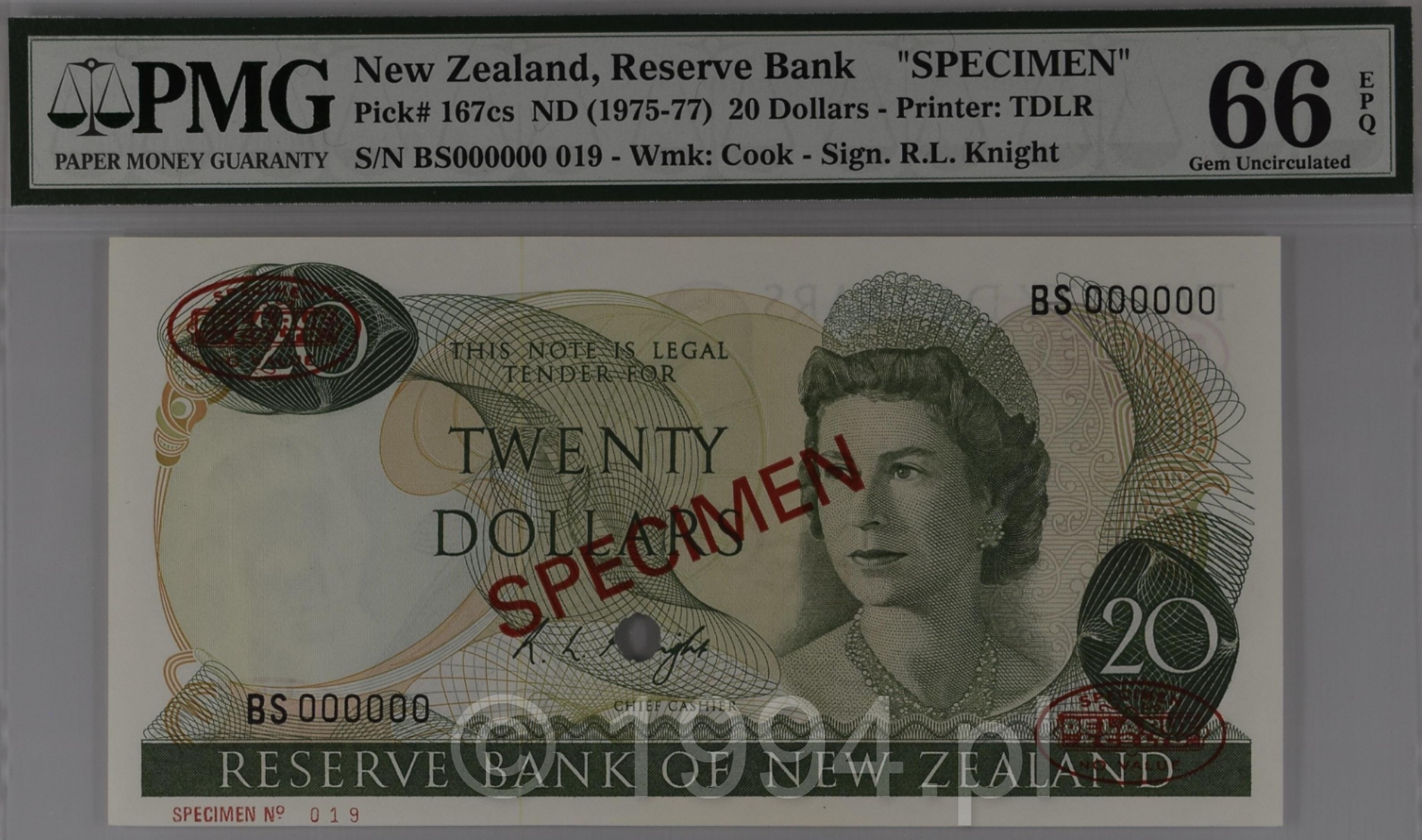 New Zealand 1975 20 Dollars Knight Signature TDLR Overprint Specimen Pick 167cs serial BS0000000 Specimen 019 PMG 66 EPQ Gem Uncirculated