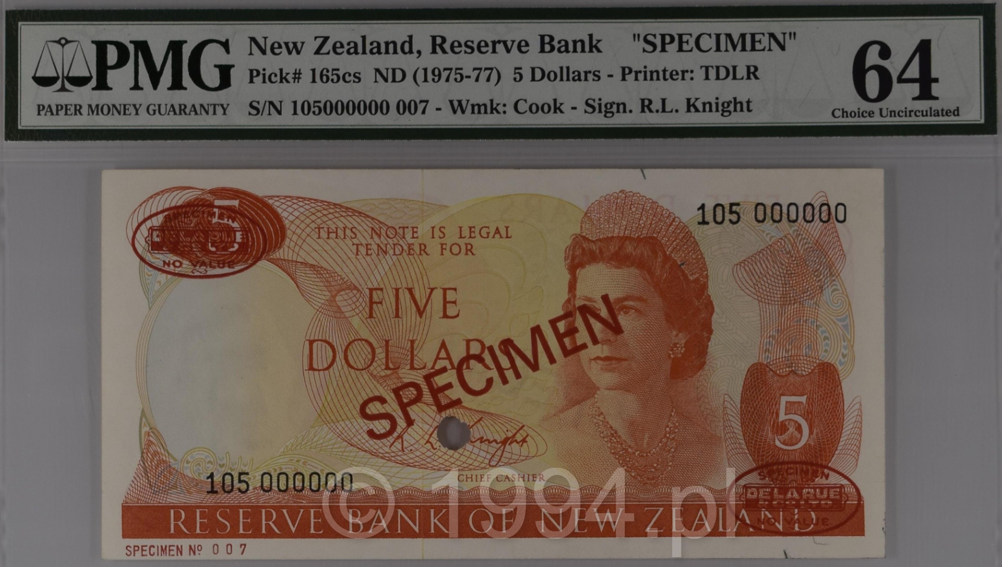 New Zealand 1975 5 Dollars Knight Signature TDLR Overprint Specimen Pick 165cs serial 1050000000 Specimen 007 PMG 64 Choice Uncirculated