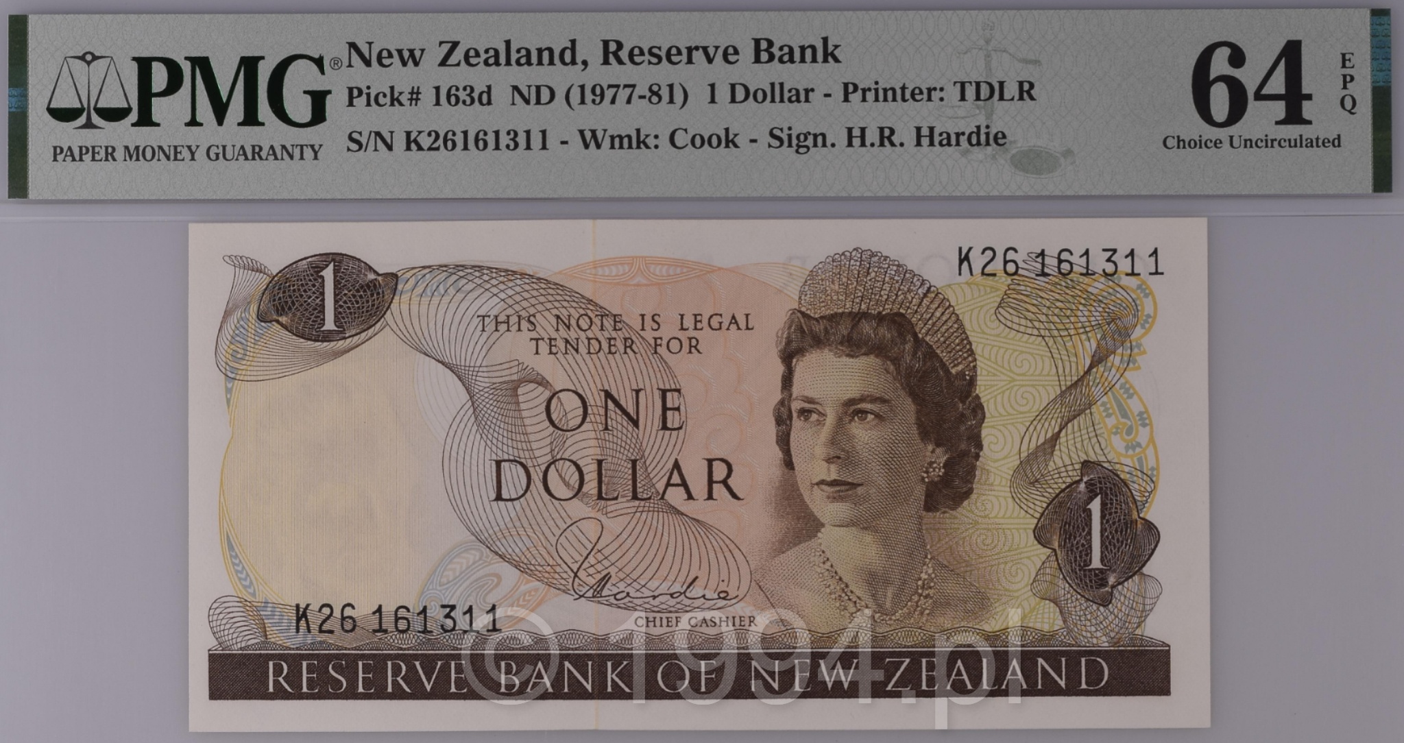 New Zealand 1977 1 Dollar Hardie Signature issued note Pick 163d serial K26161311 PMG 64 Choice Uncirculated