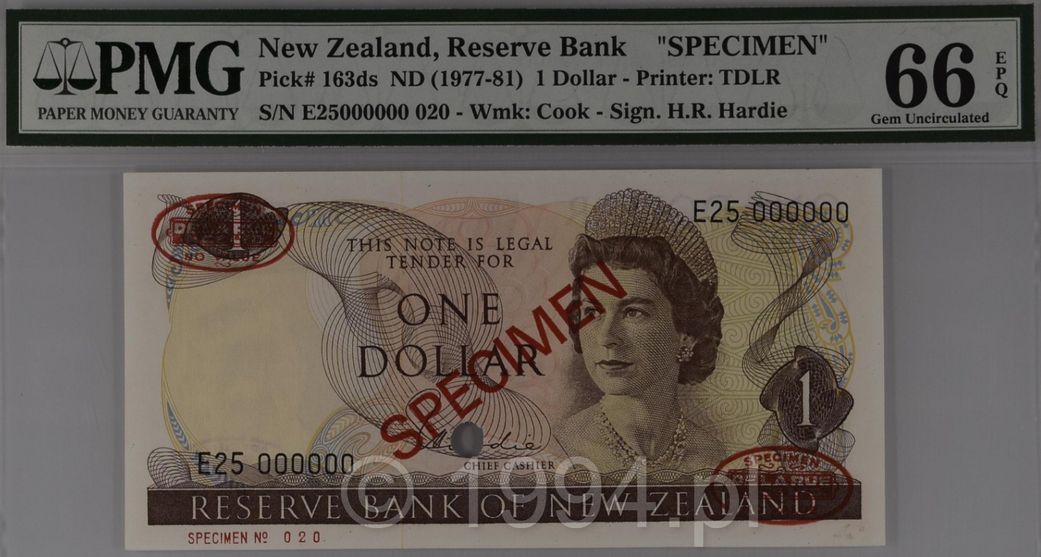 New Zealand 1977 1 Dollar Hardie Signature TDLR Overprint Specimen Pick 163ds serial E250000000 Specimen 020 PMG 66 EPQ Gem Uncirculated Top Population