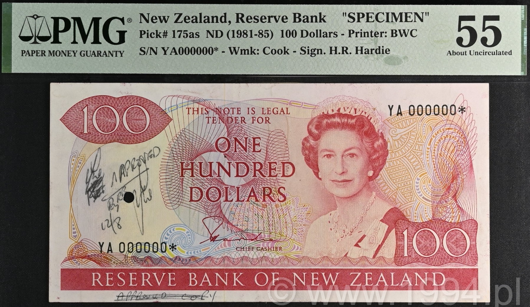 New Zealand 1981 100 Dollars H.R. Hardie Signature Replacement Star One Punch Hole Specimen Pick 175as PMG 55 About Uncirculated