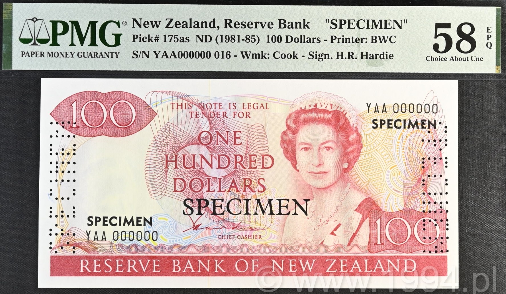 New Zealand 1981 100 Dollars H.R. Hardie Signature Side-Perforated and Overprint Specimen No.016 Pick 175as PMG 58 Choice About Uncirculated
