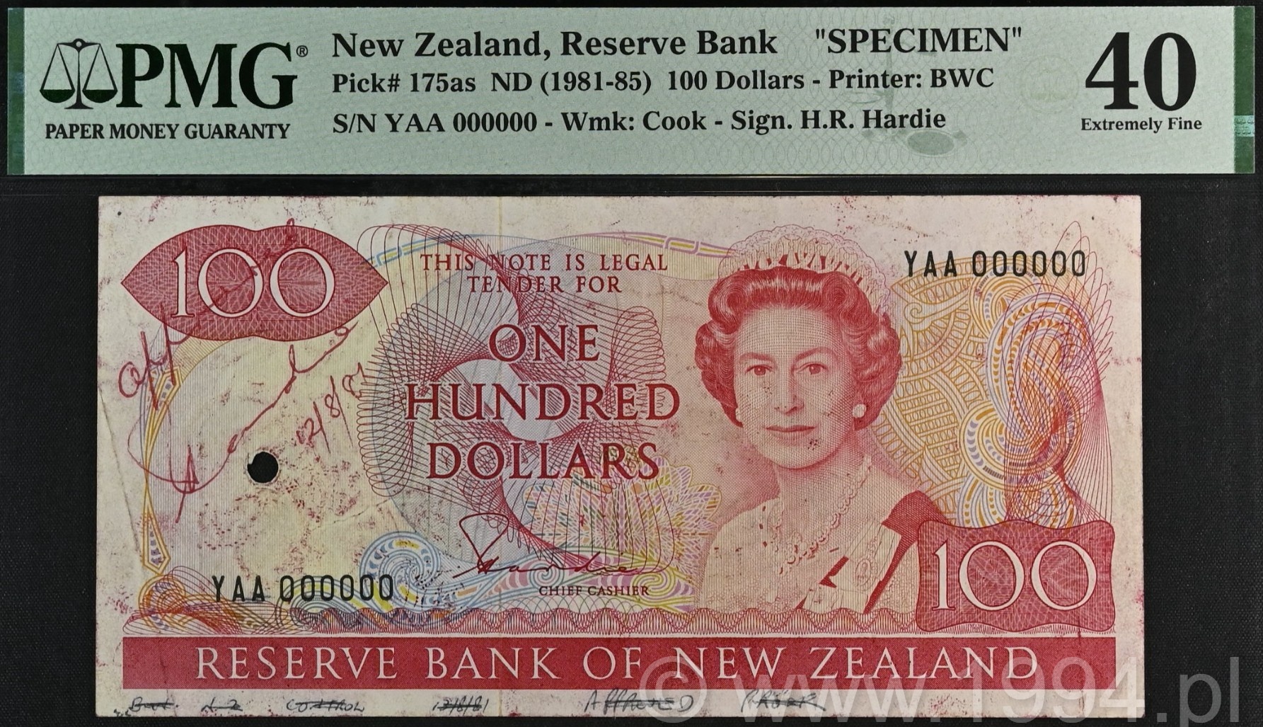 New Zealand 1981 100 Dollars H.R. Hardie Signature Specimen One Punch Hole No Overprint Pick 175as PMG 40 Extremely Fine