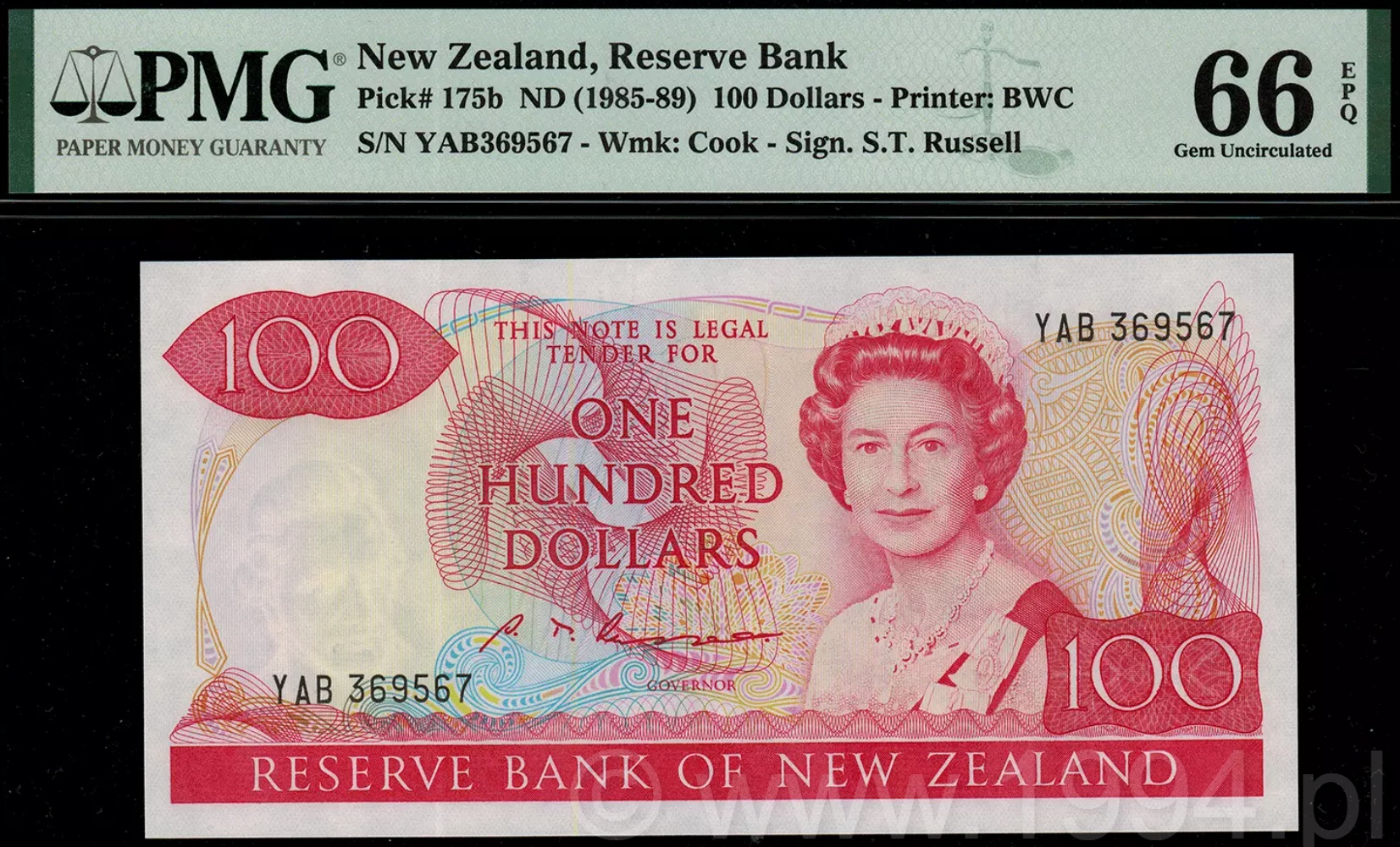 New Zealand 1985 100 Dollars issued note signed by S.T. Russell, Pick 175b, PMG 66 EPQ Gem Uncirculated, serial YAB369567