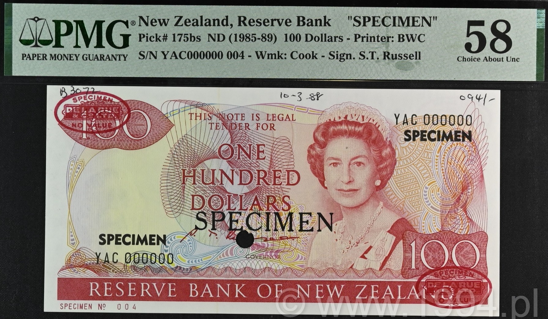 New Zealand 1985 100 Dollars S.T. Russell Signature Overprint Specimen Pick 175bs PMG 58 Choice About Uncirculated