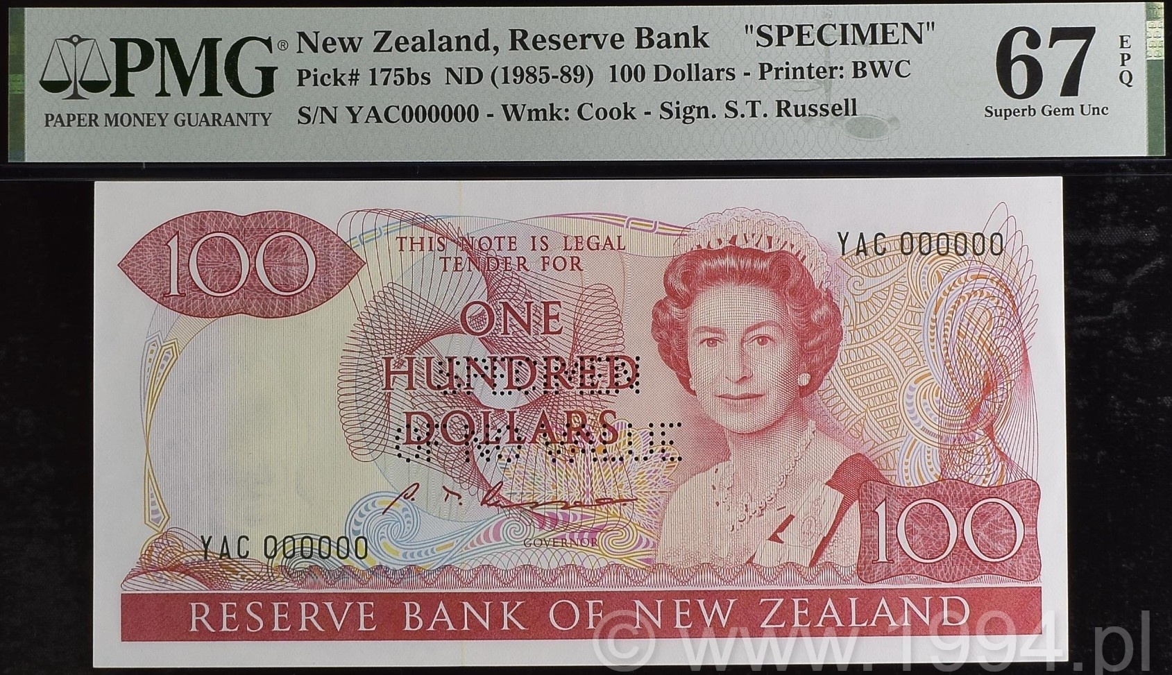 New Zealand 1985 100 Dollars S.T. Russell Signature Perforated SPECIMEN OF NO VALUE Pick 175bs PMG 67 EPQ Superb Gem Uncirculated