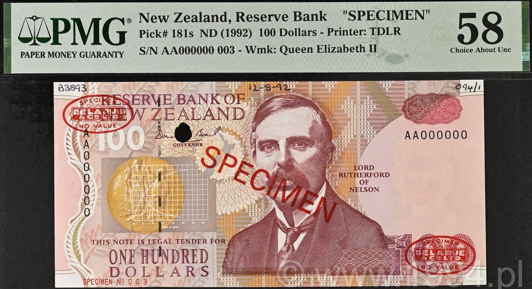 New Zealand 1992 100 Dollars Rutherford Design TDLR Overprint Specimen Pick 181s PMG 58 Choice About Uncirculated