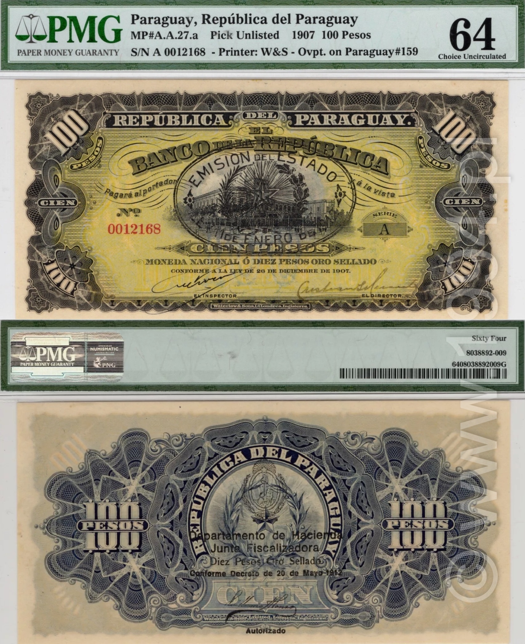 Paraguay 1907 100 Pesos Banco de la República specimen with 1912 dual-signature dual-side fiscal overprint, base Pick 159, PMG 64 Choice Uncirculated