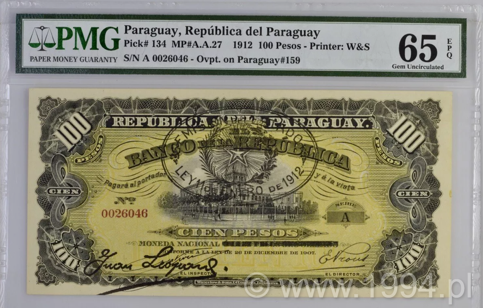 Paraguay 1907 100 Pesos with 1912 state overprint, PMG 65 EPQ Top Pop