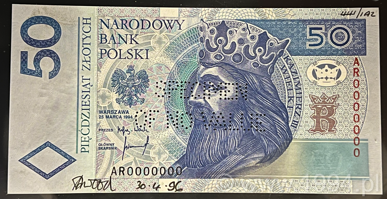 Poland 1994 50 Zlotych AR Specimen with Perforated 'SPECIMEN OF NO VALUE'