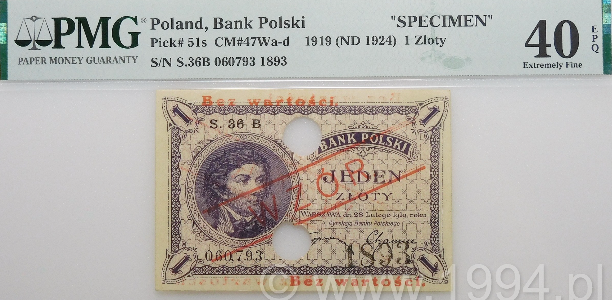 Poland 1919 - Bank Polski 1 Zloty Specimen S.36B 060793 with WZÓR and BEZ WARTOŚCI Overprints (Pick 51s)