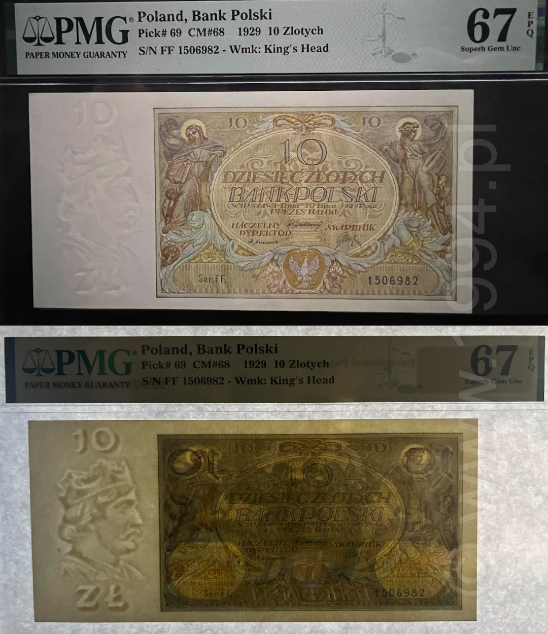 Poland 1929 10 Złotych Bank Polski issue with Bolesław Chrobry multitonal 10 ZŁ watermark, Pick 69, PMG 67 EPQ Superb Gem Uncirculated