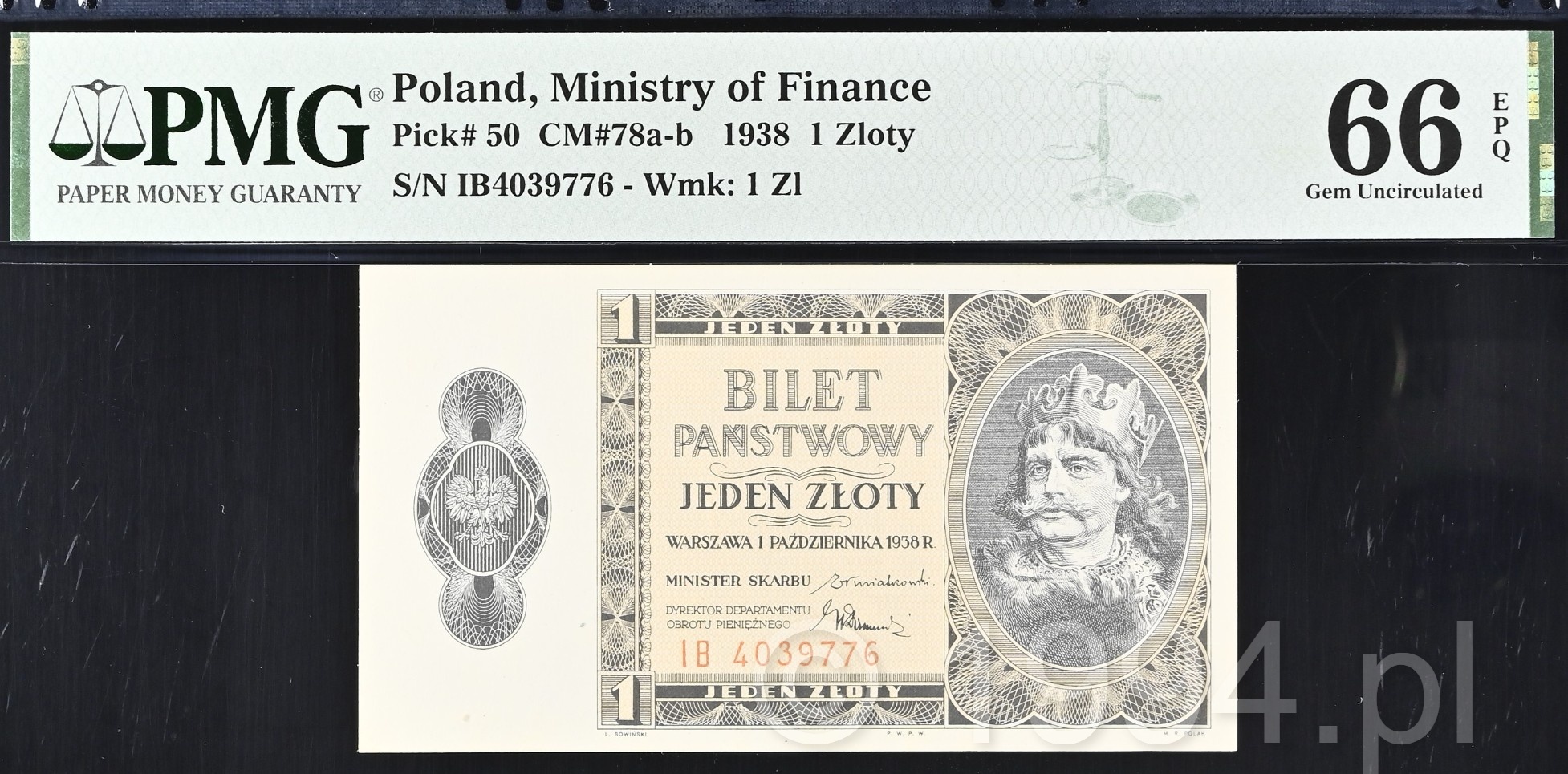 Poland 1938 Ministry of Finance 1 Zloty State Ticket, serial IB4039776, with Boleslaw I the Brave portrait, Polish crowned eagle, repeating 1 ZL watermark, and PMG 66 EPQ Gem Uncirculated preservation.
