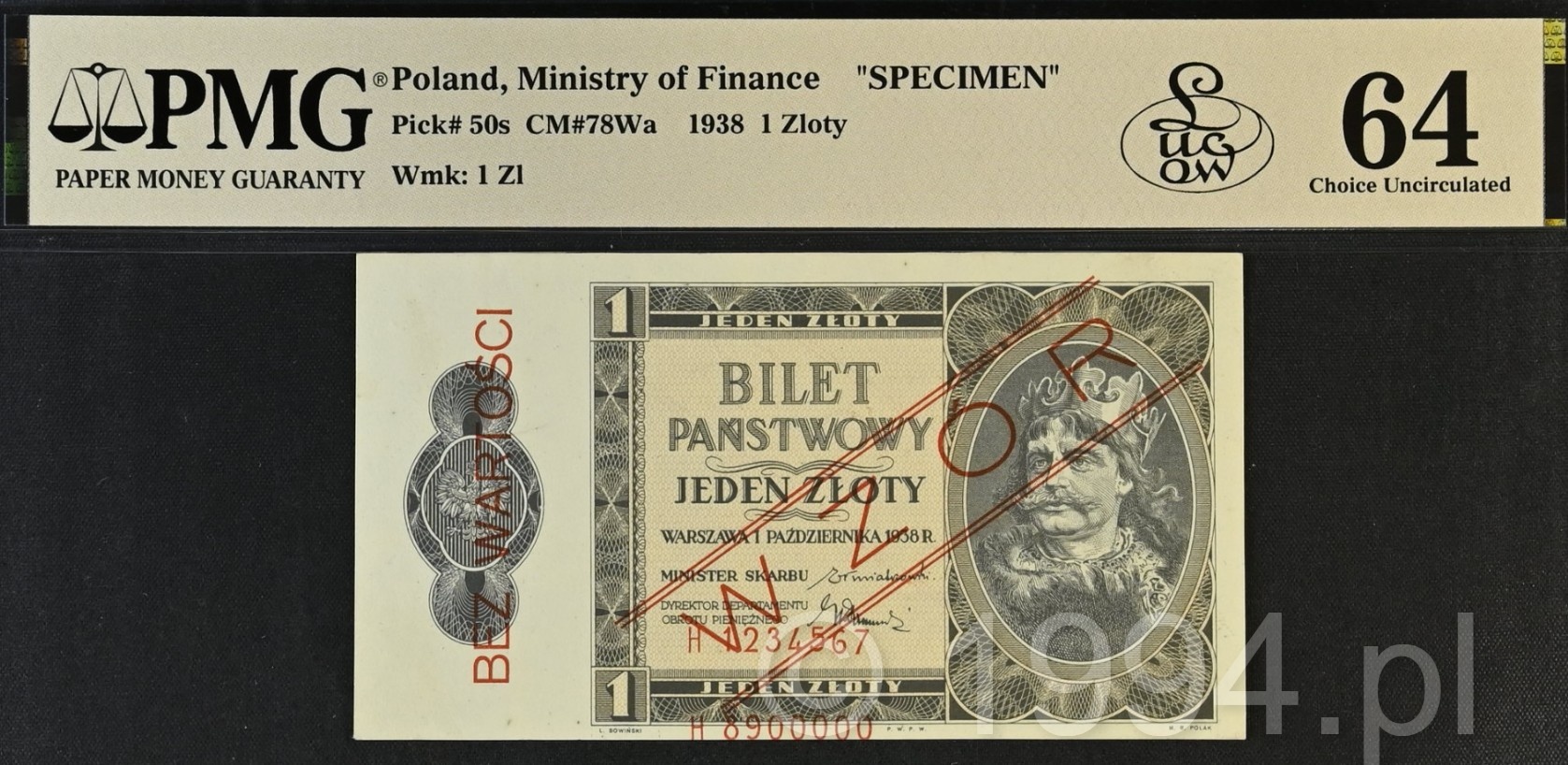 Poland 1938 1 Zloty specimen H1234567 with red WZOR overprints on both sides and vertical Bez wartosci overprint