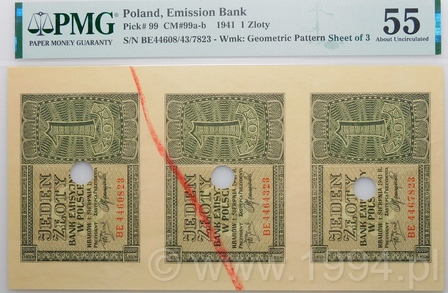 Poland 1941 1 Złoty uncut sheet of 3 notes with serial numbers and red cancellation mark, PMG 55