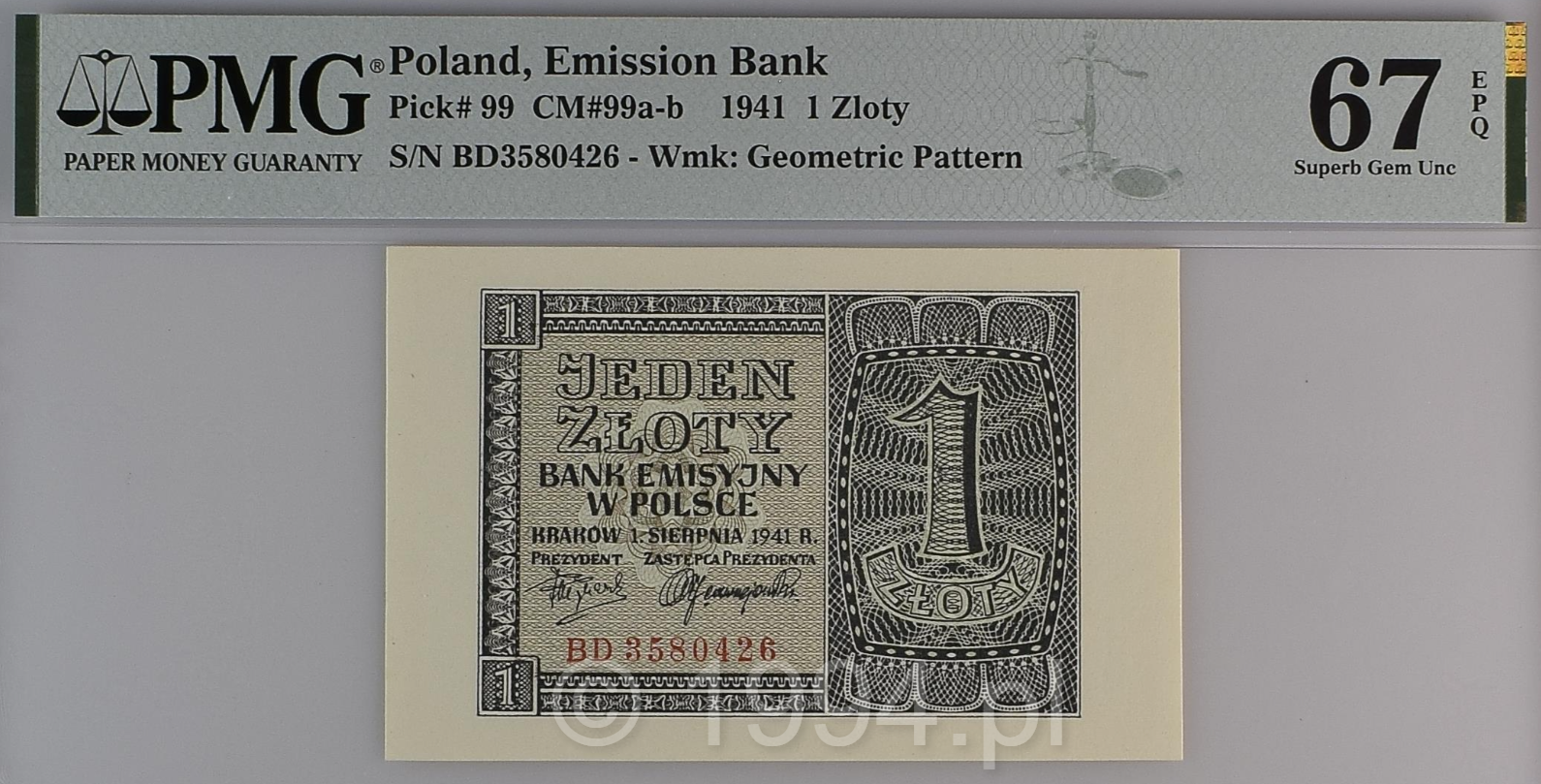 Poland 1941 - 1 Zloty Bank Emisyjny w Polsce State Note BD3580426 (Pick 99)