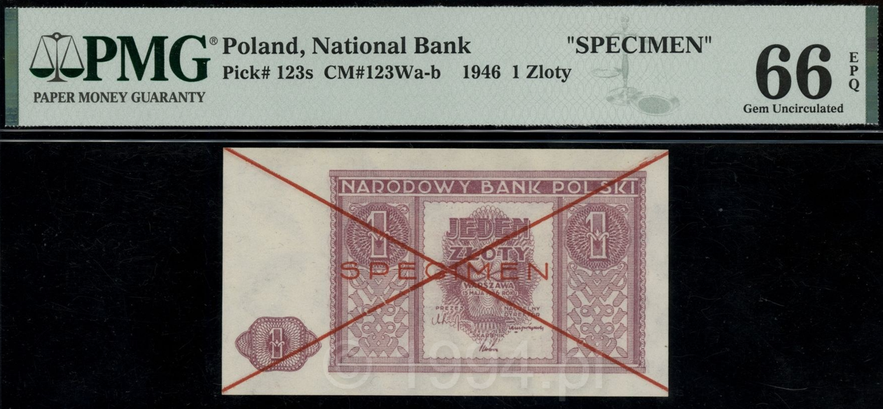 Poland 1946 - 1 Zloty Narodowy Bank Polski Specimen (Pick 123s)