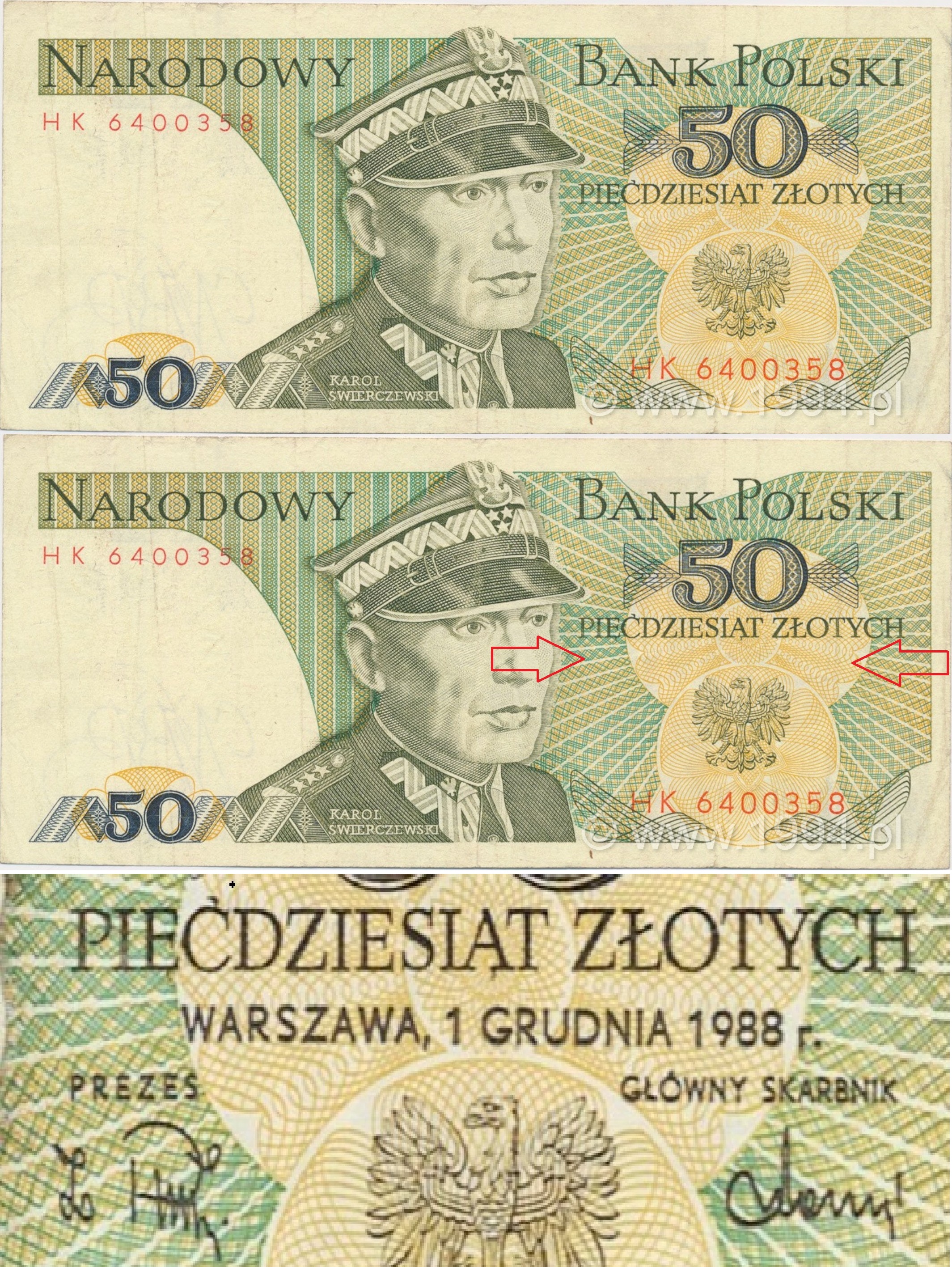 Poland 1988 — 50 Złotych (Prefix HK) — Missing Signatures and Date Print Error (Raw, Circulated)