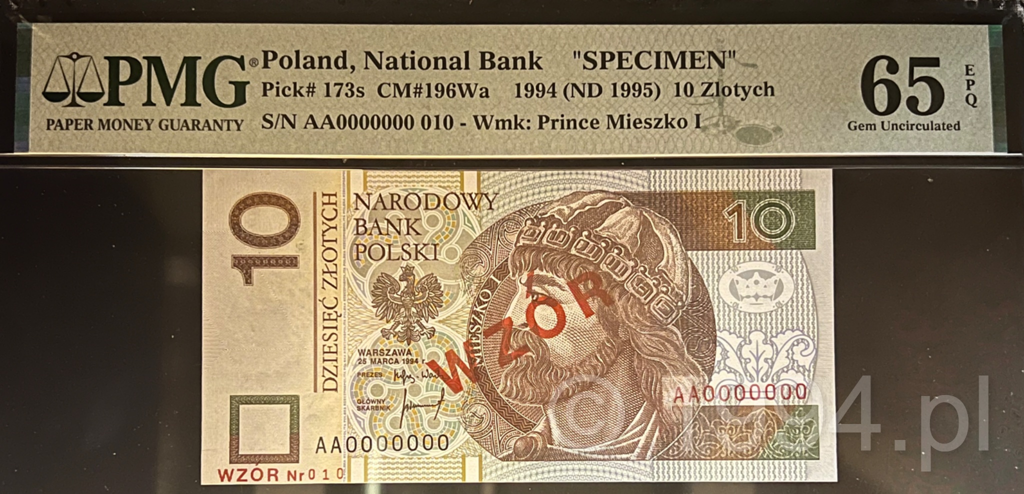 Polska 1994 — 10 Złotych, Narodowy Bank Polski WZÓR, numer 010 (Pick 173s) Unikat