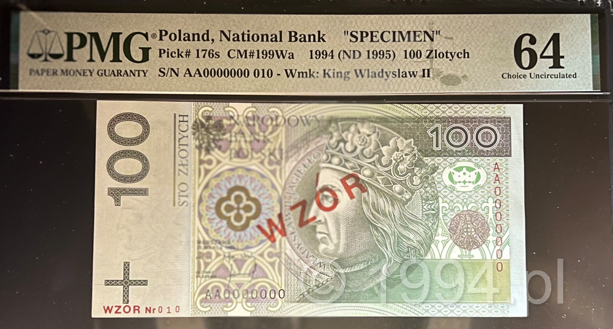 Polska 1994 — 100 Złotych, Narodowy Bank Polski WZÓR, numer 010 (Pick 176s) Unikat